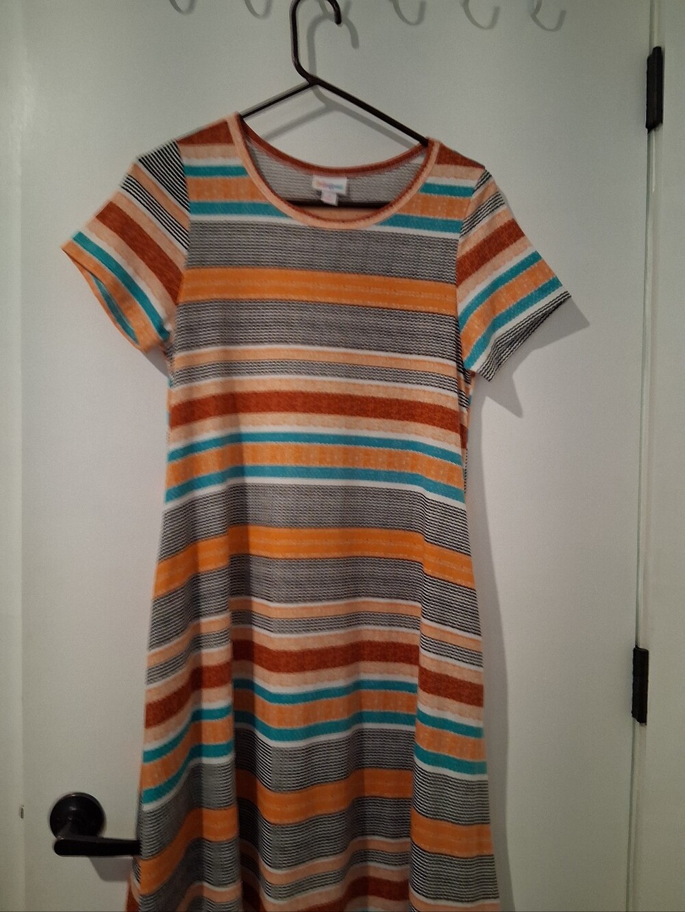 Lula Roe Striped Short Sleeve A-Line Dress - Teal, Orange, Rust, Black & Cream